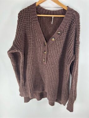 Free People Chocolate Brown Chunky V-Neck Henley Sweater